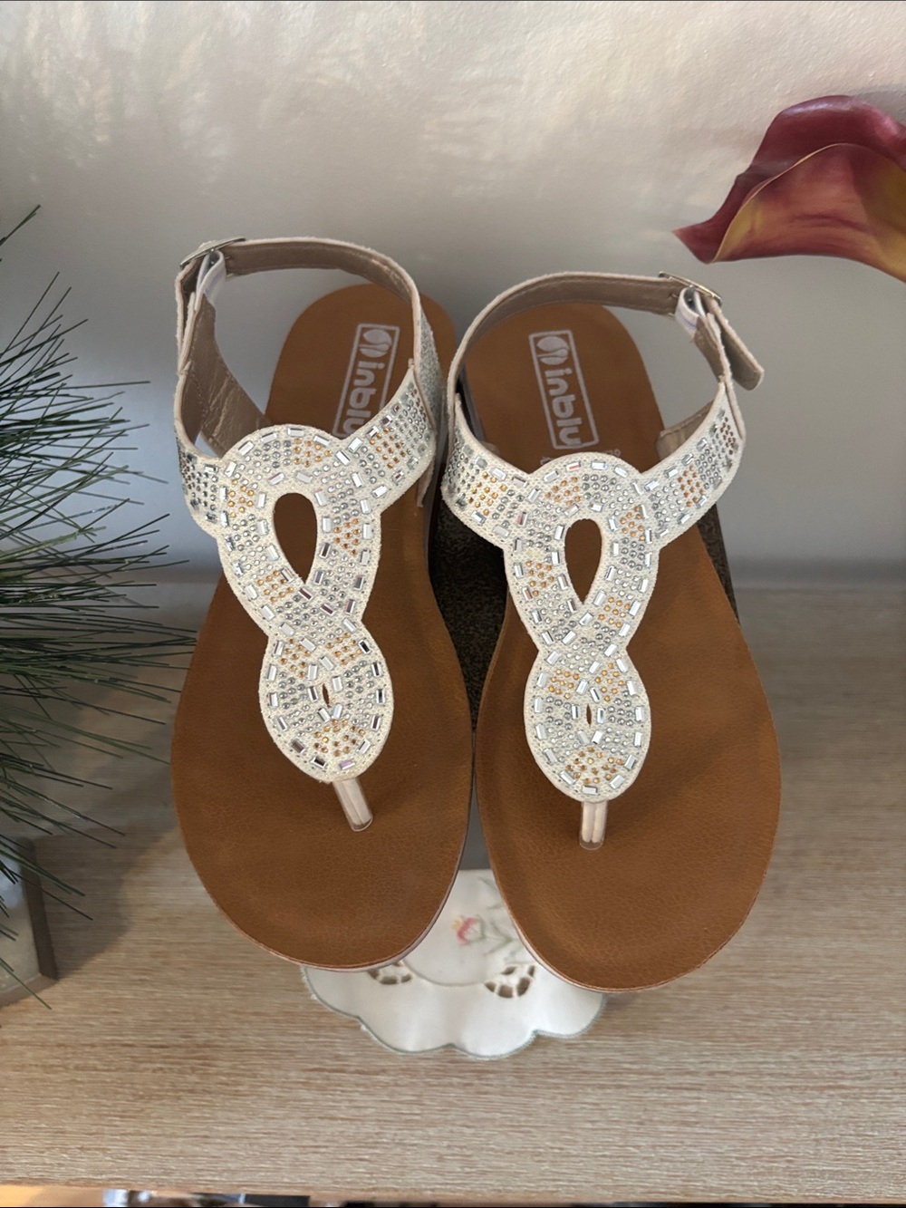 Beaded White T-Strap Sandals with Ankle Buckle